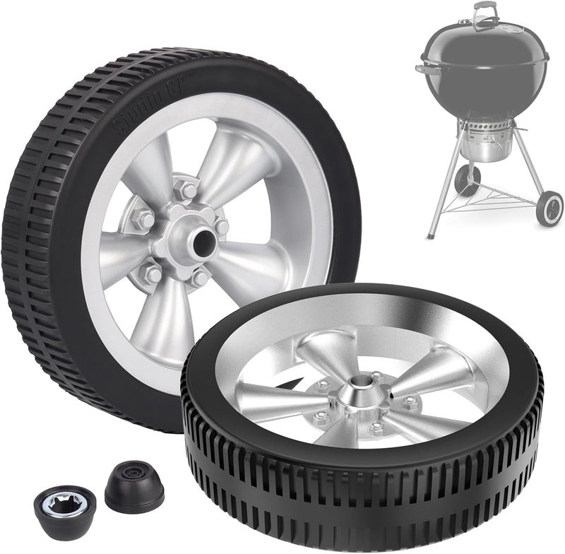 BBQ Future Replacement Wheels for Weber Kettle Grills, 6 Inch Grill Wheels for Weber Charcoal Grills, 65930 BBQ Caster Wheel Parts with Hub Caps, Silver - Image 1